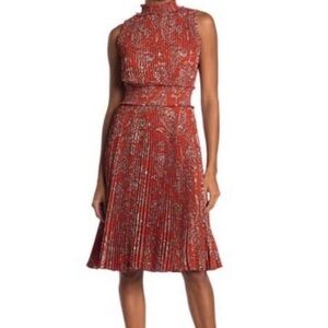 Nanette Lepore Picante Orange Paisley Pleated Sleeveless High Neck Dress Size 14
